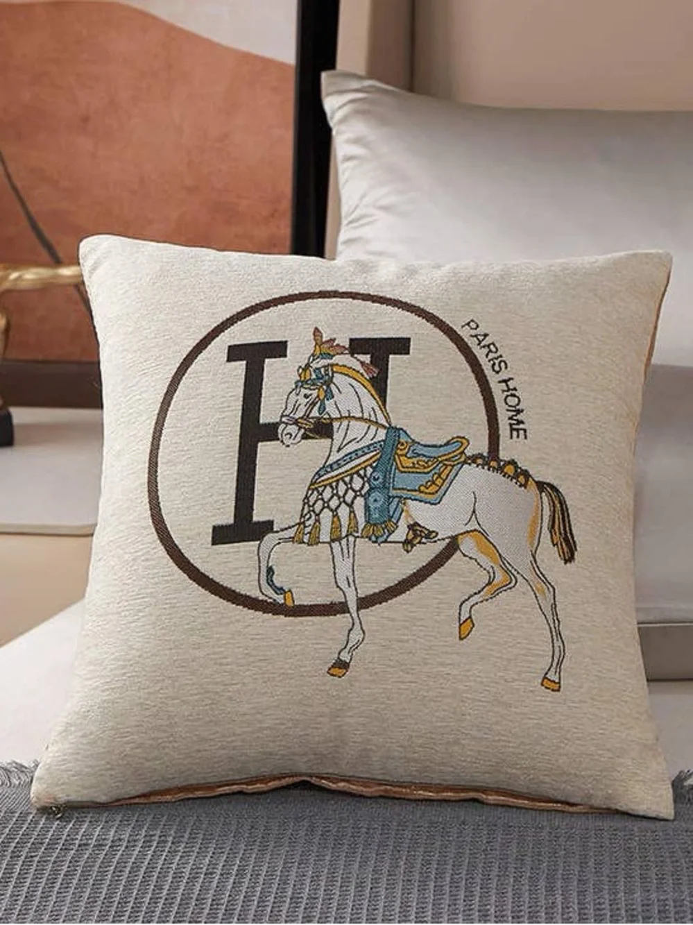 Paris Home Beige Decorative Pillow Cases with Horse Emblem Set of 2 NWOT